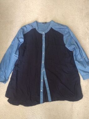 Two-Tone Navy and Chambray Button-Front Blouse By ellos